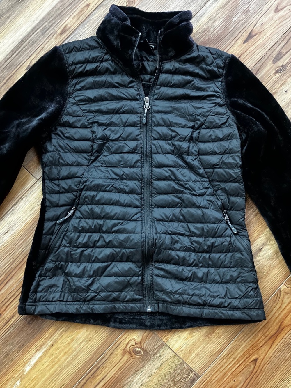 32 Degrees Heat Black Quilted Puffer Jacket Women's L Full Zip Velvet Sleeves